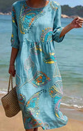 Women's 3D Floral Print Long-Sleeve A-Line Dress – Crew Neck Loose Fit