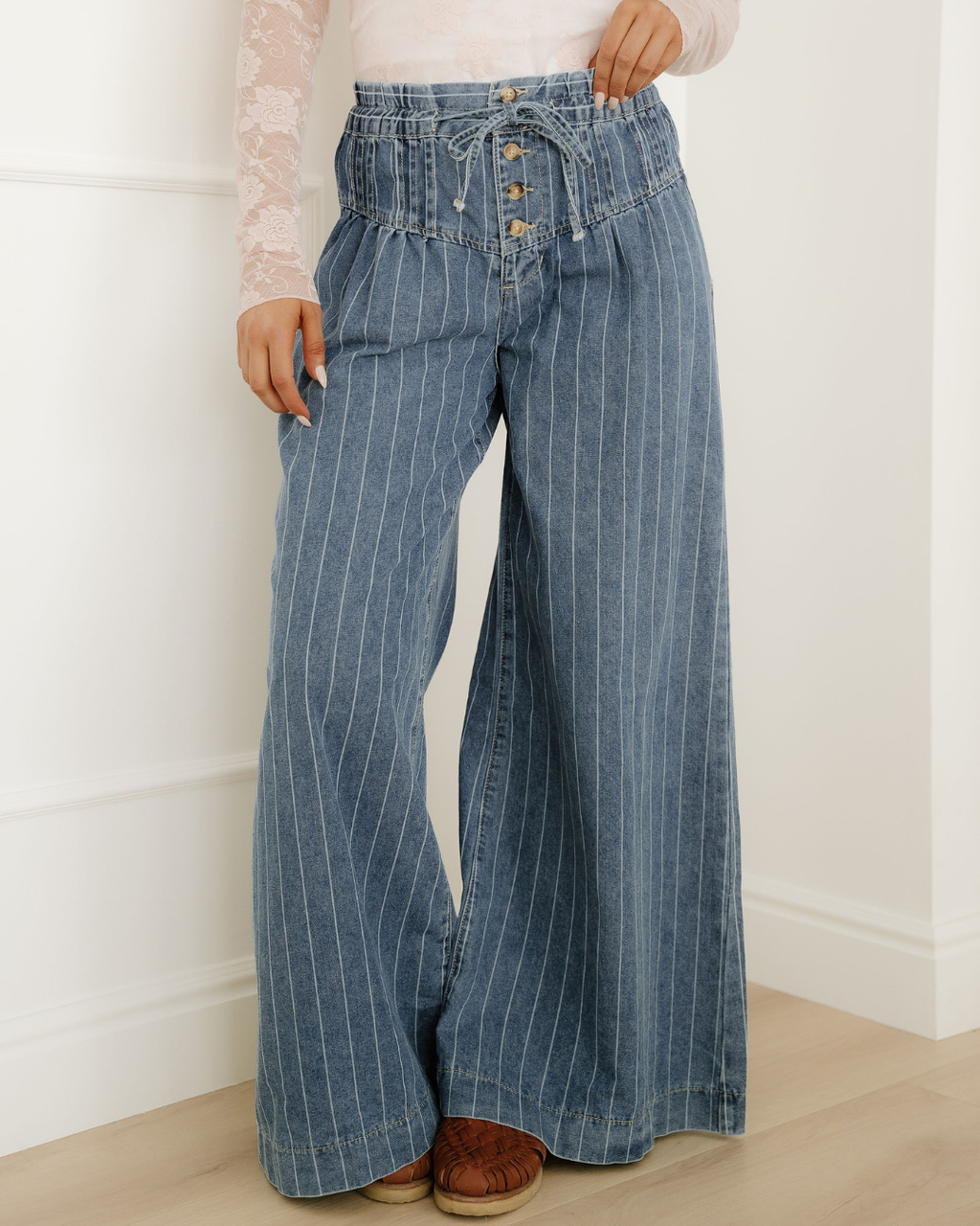 Cora Stripe Button Pleated Drawstring Waist Casual Wide Leg Jeans
