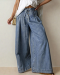 Cora Stripe Button Pleated Drawstring Waist Casual Wide Leg Jeans