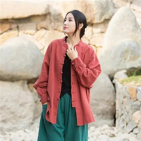 Vintage Shirt Women New Chinese Style Frog Solid Simple Leisure Loose Comfortable Single Breasted O-neck Minimalist Autumn Wear